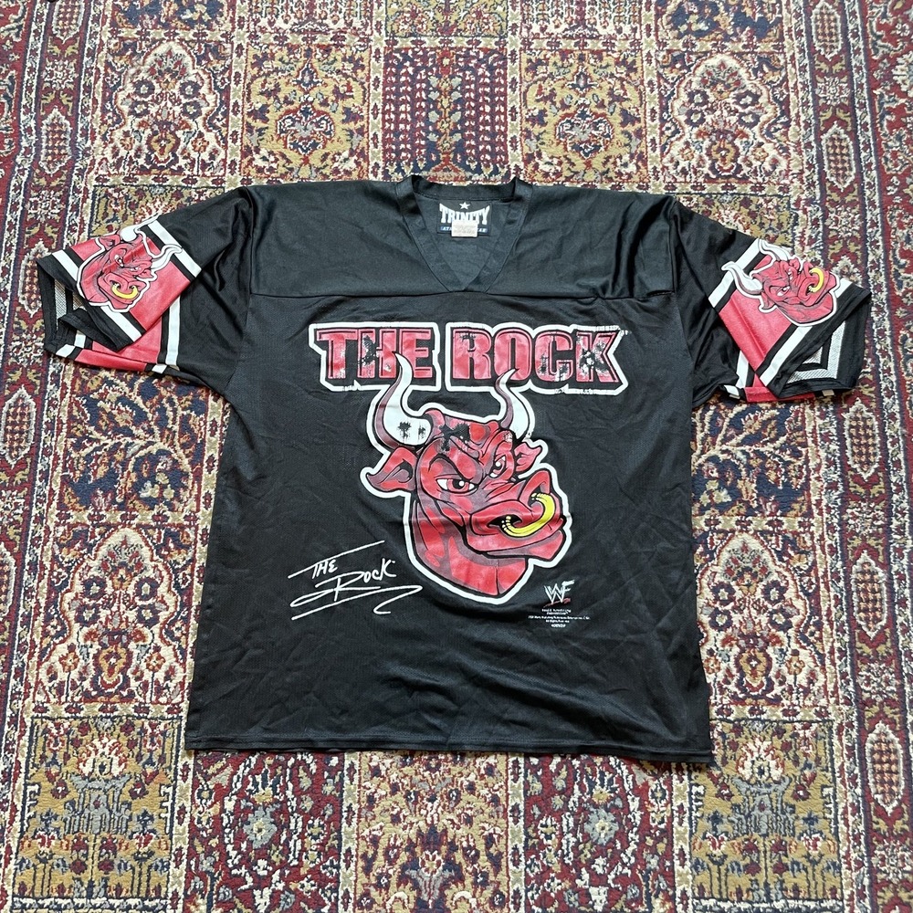Vintage 90s 1990 WWF THE‎ ROCK Shut Your Mouth Mesh Football Jersey Red Black L